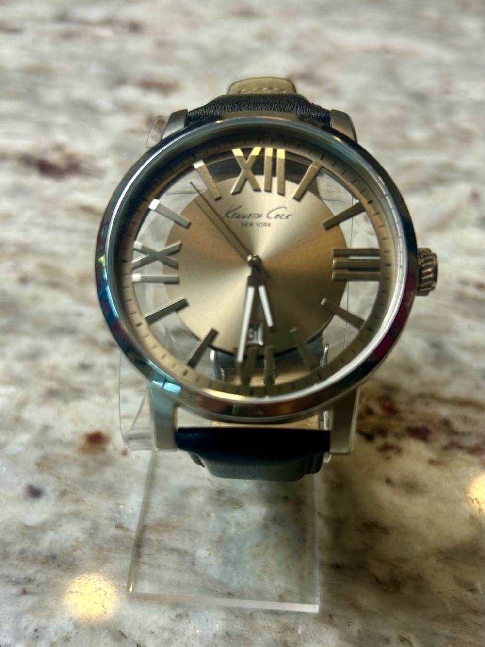 Kenneth Cole Skeleton Dial Men’s 46mm Silver Tone Roman Numeral Leather Strap